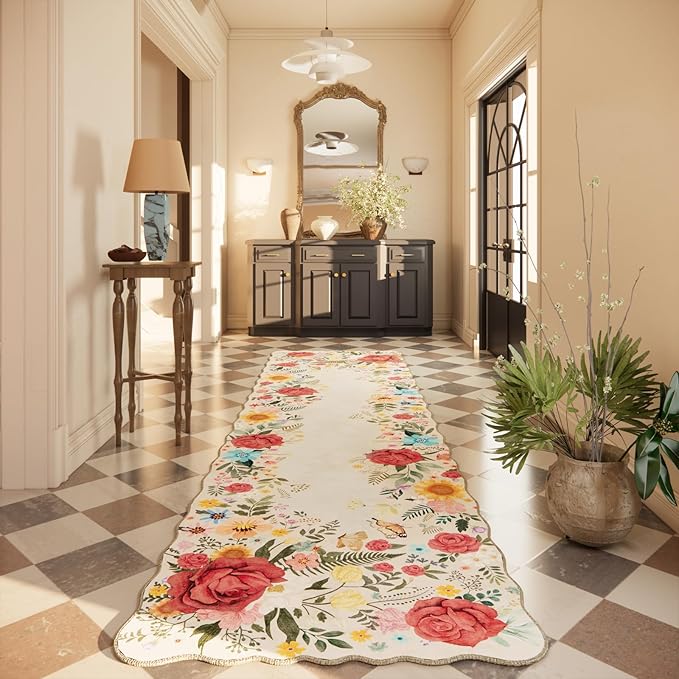 Hallway Rug 2'6''x10' Long Washable Floral Hallway Runner Rug Boho Vintage Low Pile Carpet for Entryway, Laundry Room High Traffic Areas, Indoor Rug for Bathroom (Beige