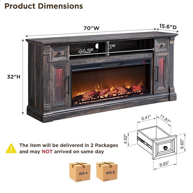 OKD Farmhouse Fireplace TV Stand for 80 Inch TV, Entertainment Center with 42" Fireplace & LED Lights, Modern Media Console Table with Storage Drawers & Cabinets for Living Room, Dark Rustic Oak