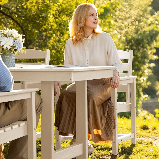 SERWALL Patio Table Set, Outdoor HDPE Dining Set with Umbrella Hole, 5-Piece - Table and 4 Chairs, All Weather for Lawn, Garden, Poolside, White