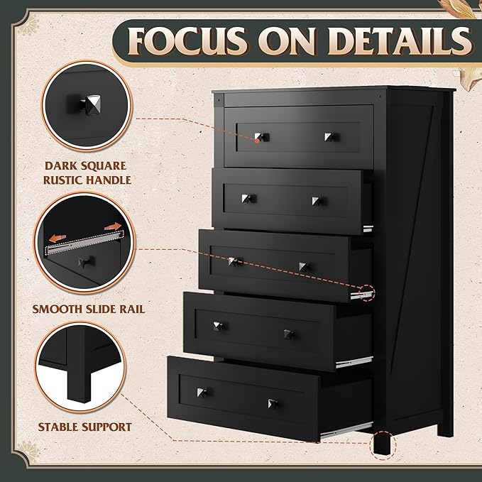 WLIVE Farmhouse 5 Drawer Dresser for Bedroom, Wood Dresser Storage Organizer, Tall Black Dressers with Double Rustic Handle, Chest of Drawers for Living Room, Hallway, Closet
