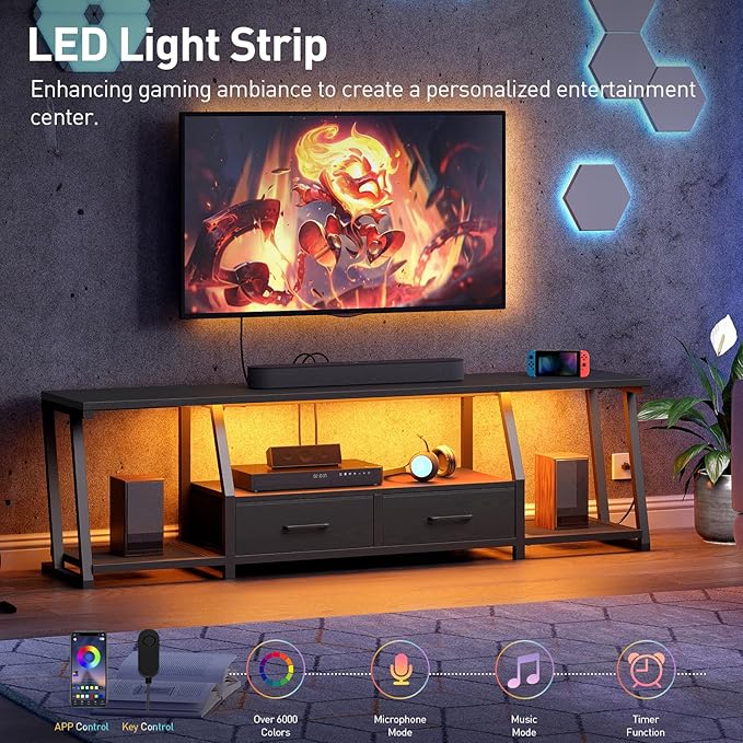 LED TV Stand with Fabric Drawers for 80 Inch TV, Entertainment Center with Power Outlets and Open Storage Shelves, Industrial Media TV Console Table for Living Room, Bedroom, Black