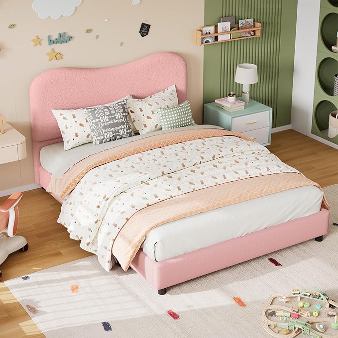 GarveeHome Full Size Bed Frame for Kids with Velvet Upholstered Headboard, Cute Low Profile Platform Bed for Girls and Boys, No Box Spring Needed, Strong Wooden Slats, Noise Free, Easy Assembly, Pink