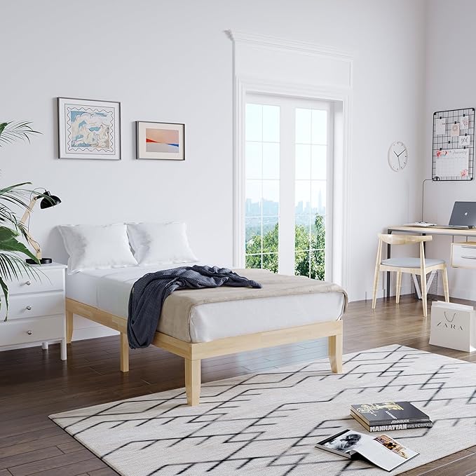 Giantex 14 Inch Twin Wood Platform Bed Frame, Minimalist Style Mattress Foundation with Solid Rubber Wood, Heavy Duty Slat Support, Without Headboard, Easy Assembly, No Box Spring Needed, Natural