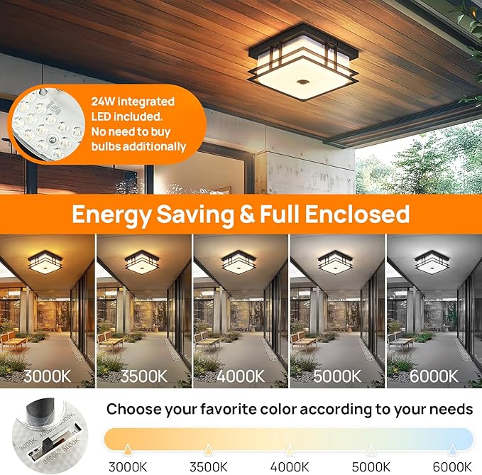 Motion Sensor Outdoor Ceiling Light Industrial Design with Acrylic Shade for Porch,Patio,Balcony,Garage,24W 5CCT LED Porch Ceiling Light
