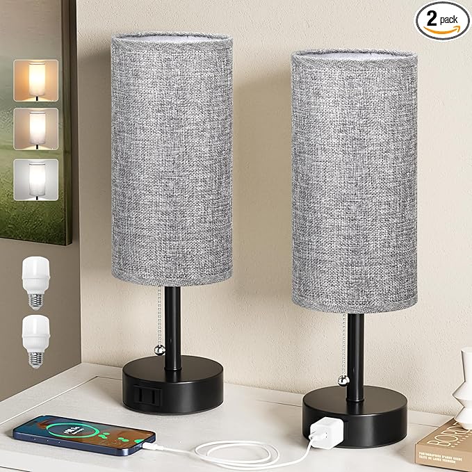 Grey Bedside Table Lamps Set of 2-3 Color Temperatures Pull Chain Lamp with AC Outlet Charging Port, Round Night Stand Lamps for Bedroom Office, Small Bed Side Light with E26 LED Bulbs