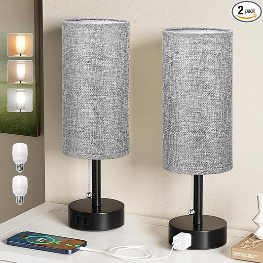 Grey Bedside Table Lamps Set of 2-3 Color Temperatures Pull Chain Lamp with AC Outlet Charging Port, Round Night Stand Lamps for Bedroom Office, Small Bed Side Light with E26 LED Bulbs