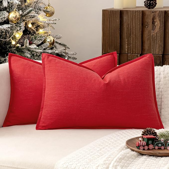MIULEE Decorative Linen Lumbar Pillow Covers 12x20 Inch Red Boho Farmhouse Neutral Couch Throw Pillows for Bed Pack of 2 Accent Modern Pillowcase Sofa Livingroom Home Decor