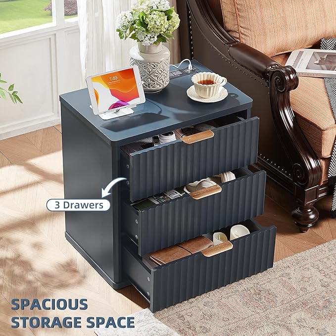 LEYAOYAO 23" Wide Fluted Farmhouse Night Stand Set of 2 with Charging Station, 3 Drawers Large End Table w/Metal Handle, Blue Nightstand Bedside Table,Wood Dresser for Bedroom, Closet