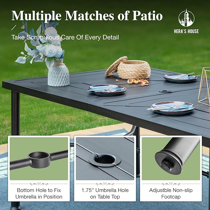 HERA'S HOUSE 7-Piece Patio Dining Set, 6 x Outdoor Rattan Armchair with Removable Soft Cushions and 1 x Rectangular Metal Dining Table, All-Weather Resisitant, Suitable for Lawn, Garden, Backyard