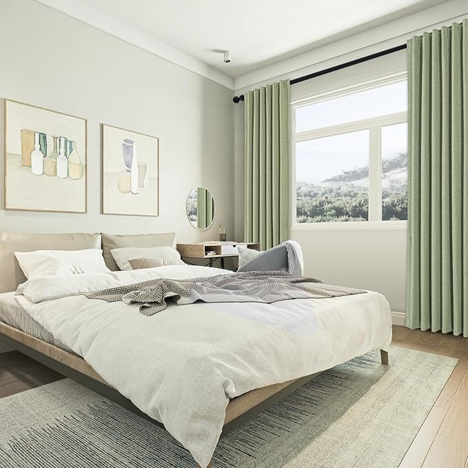 Full Blackout Sage Green Curtains 84 inches Long for Living Room, Black Out Linen Insulating Heat Light Blocking Curtains for Bedroom, 52x84 in Length, Sage Green