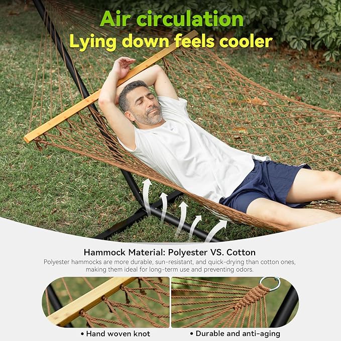 Double Hammock for 2 Person, Handwoven Cotton Rope Hammock with Spreader Bar - Indoor & Outdoor Use for Patio, Poolside, Backyard (Brown)