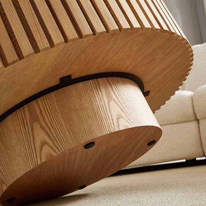 Round Coffee Table for Living Room, Accent Fluted Drum Stone Coffee Table with Storage, Modern Solid Wood Circle Center Tea Table for Small Space Apartment (35.4''D×14''H-Natural)