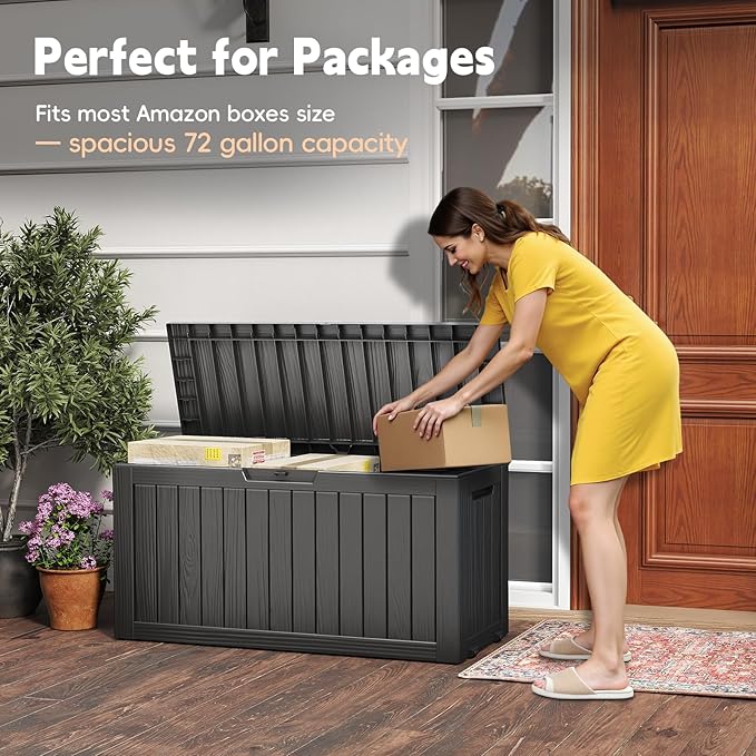 Outdoor Storage Box, 72 Gallon Waterproof Resin Deck Box, Storage Bin for Package Delivery, Patio Furniture Cushion, Garden Tools, Pool Accessories, Weatherproof and UV Resistant, Black