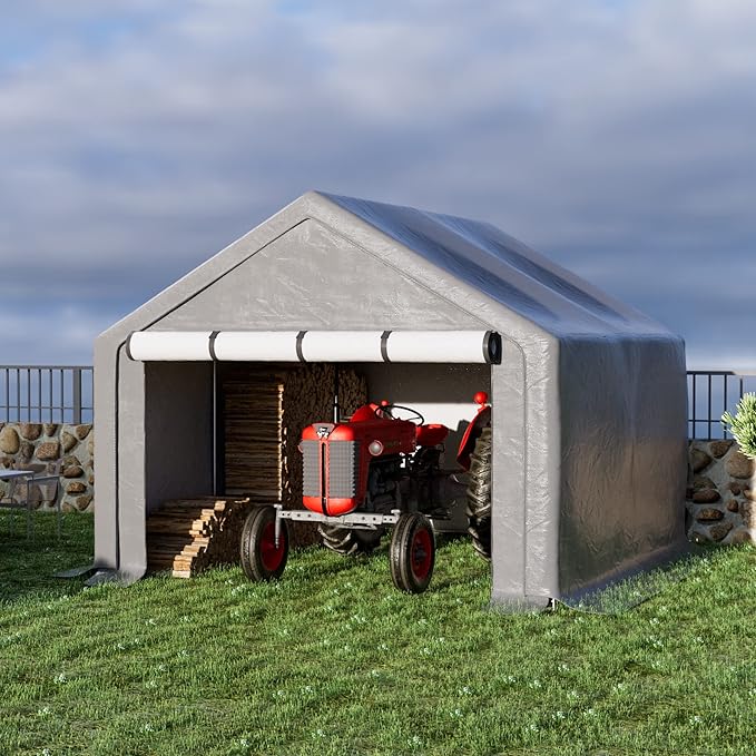 Outdoor Storage Shelter, 10x10 ft Portable Shed with Roll up Zipper Door, Waterproof and UV Resistant Anti-Snow, Heavy Duty Carport for Storing Garden Tools, Outdoor Equipment