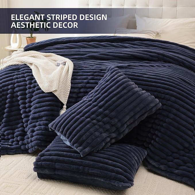 Smoofy Fluffy Twin Comforter Sets 2 Pieces - Navy Blue Fleece Fluffy Comforter Set, Luxury Fuzzy Twin Bedding Set, Soft Warm Comforter All Season, Heavy Faux Fur Comforter with Pillow Cases