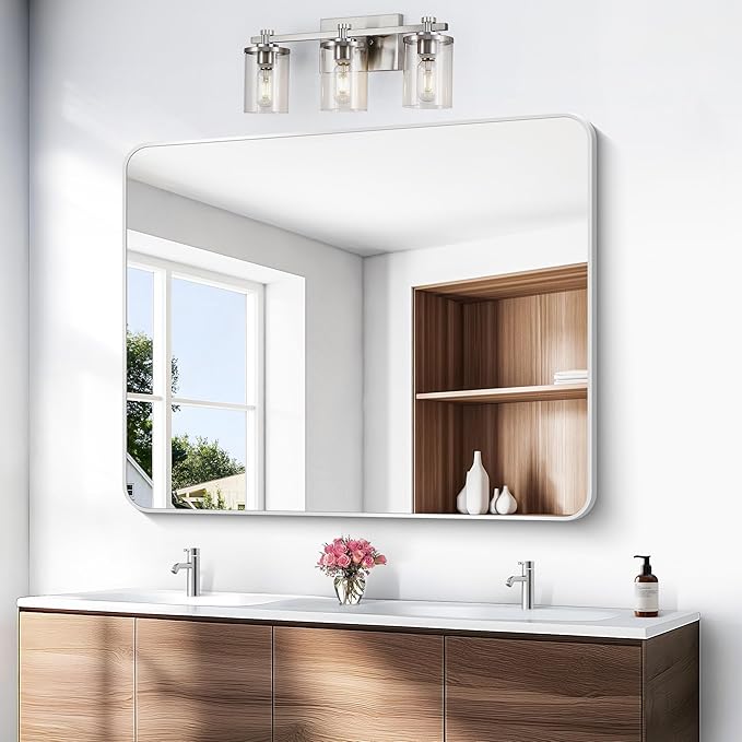 BONEWEI Silver Bathroom Mirror,40x48 inch Wall Mirror for Bathroom Wall Mounted,Rectangle Mirror for Bathroom Over Sink,Modern Frame Round Corner for Living Room,Bedroom Entryway,Horizontal/Vertical