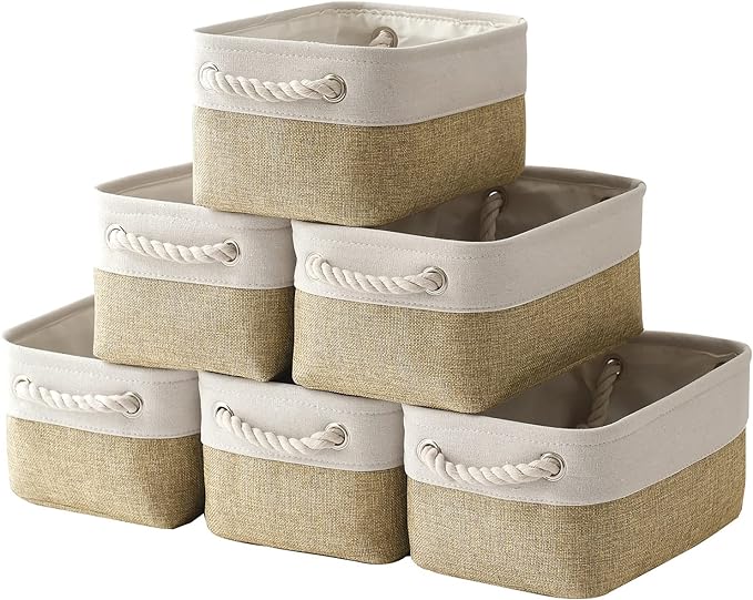 TheWarmHome Storage Basket for Shelves - 12x8x5.2 inch Small 6 Pack Collapsible Storage Bin for Closet with Handles, Fabric Storage Cubes for Cloth Organizer Gift Toy Decorative (White & Khaki)
