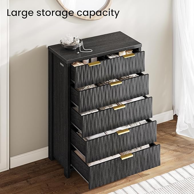 6 Drawers Dresser, 43.7" Tall Drawers for Bedroom, Extra-Thick Tabletop & Frame, Modern Chest of Wood Drawer Organizer for Bedroom, Living Room, Hallway, Entryway, Black