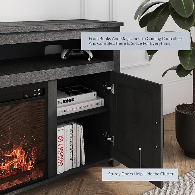 BELLEZE 58" Farmhouse Fireplace TV Stand for TVs up to 65", 23" Electric Fireplace Heater with Sound, Entertainment Center Media Console Table Barn Door Storage Cabinets for Living Room - Rustic Grey