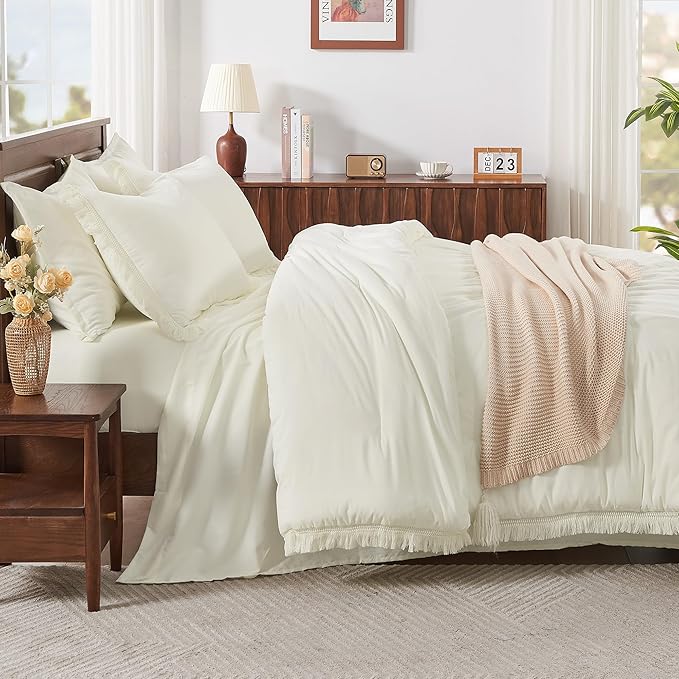 Andency California King Size Comforter Set with Sheets Ivory - 7 Pieces Cal King Bed in a Bag Boho Bedding Sets, Ivory Bed Set with Comforter, Sheets, Pillowcases & Shams