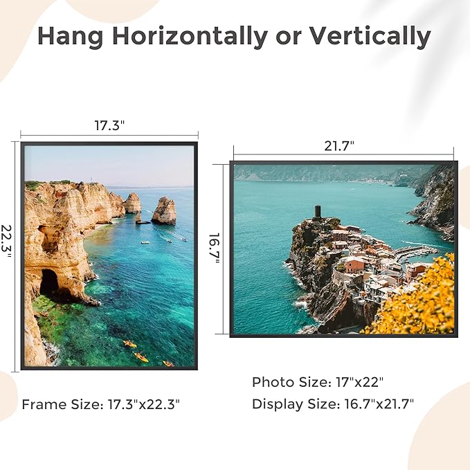 17x22 Metal Picture Frame - Black Aluminum Picture Frames with Real Glass, Wall Mounting Horizontally or Vertically, Diploma, Certificates and Decor for Wall Gallery 22x17 Frame, Black