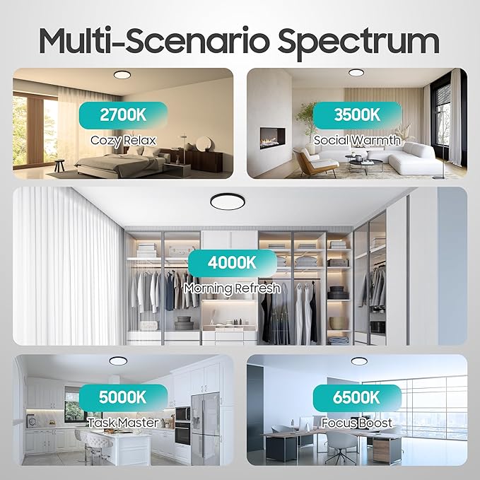 6 Pack 15.8 Inch LED Flush Mount Ceiling Light, 32W 3520LM 5 CCT Selectable (2700K-6500K), Dimmable Ultra-Thin Round Fixture for Kitchen Bedroom Laundry Hallway, Black