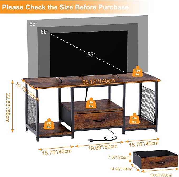 TV Stand with Drawers and Power Outlet for 65 60 55 Inch TV, Entertainment Center with Open Storage Shelves, Industrial Media TV Console Table for Living Room Bedroom Office, Rustic Brown