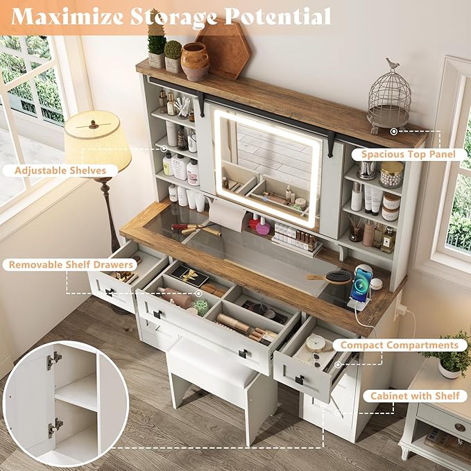 AMERLIFE 47.2" W Farmhouse Makeup Vanity Desk with Sliding Mirror, Vanity Set with Stool & Charging Station & 3 Brightness Lights, Glass Desktop, Ample Storage, Antique White