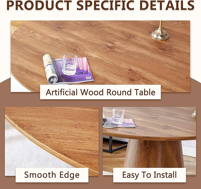 45 Inch Round Dining Table Set for 6, 7 Piece Kitchen Table and Chairs Set, Wooden Table with Light Walnut Finish, Small Space Dining Set for Apartment or Dining Room