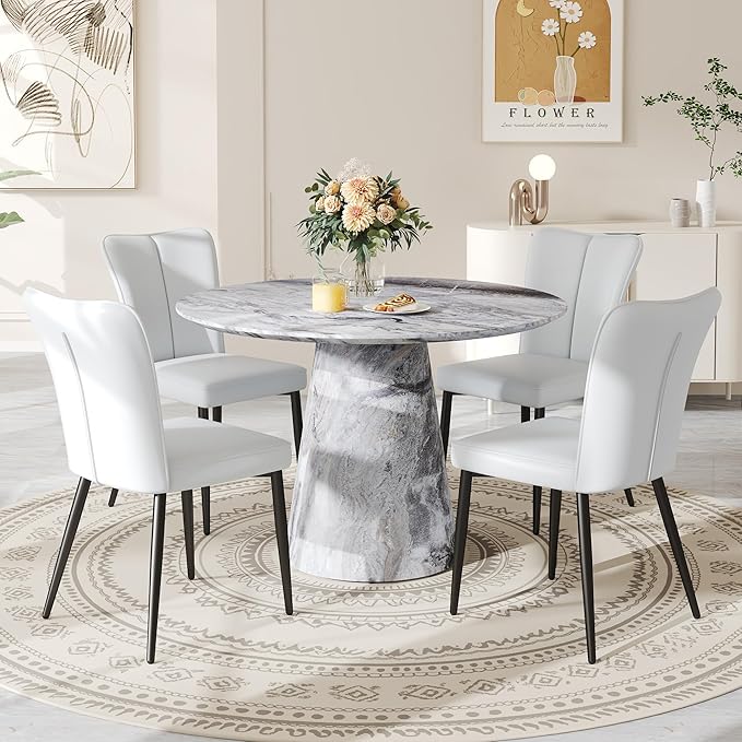 Round Dining Table Set for 4, 45IN Kitchen Table Set with Faux Marble Table Top and PU Upholstered Chairs, Modern Dinner Table with Chairs Set for Dinning Room, Living Room