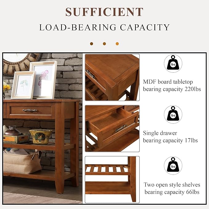 42inch Mid-Century Wood Console Table with 2 Drawers and 2 Bottom Shelf Sofa Table Solid Wood Sideboard(Brown)