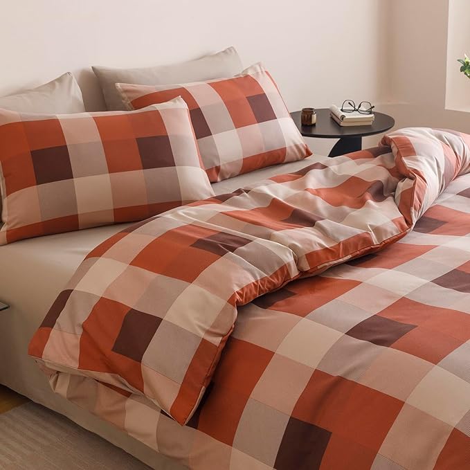 CLOTHKNOW Plaid King Size Comforter Set 3Pcs Gingham Buffalo Bedding Comforter Sets Rust Brown Khaki Geometric Comforter King Sets with 2 x Pillow Cases