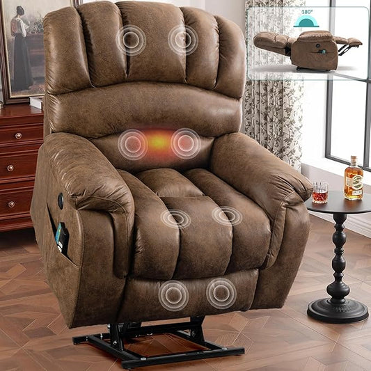 MEETWARM Large Infinite Position Dual Motor Recliner Chair for Big and Tall Elderly, Oversized Lay Flat Sleeper Power Lift Recliner with Massage Heat, 2 Remote Controls/USB Port/Side Pockets(Brown)