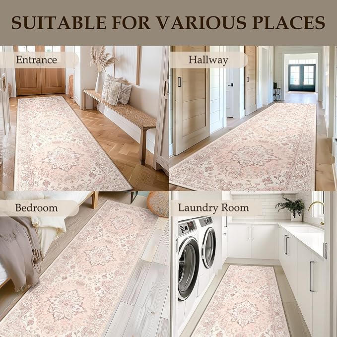 Area Rugs 2'x10' Washable Non-Slip, Floral Vintage Distress Print Pattern Medallion Carpet for Living Room Bedroom Dining Room, Pink Greypink Cute