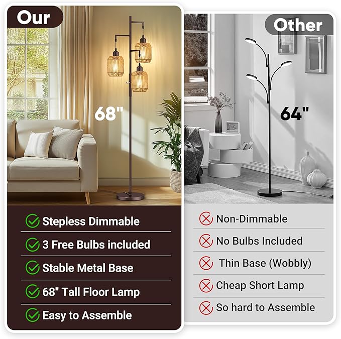 ROTTOGOON Dimmable Boho Floor Lamp - 3 Light Farmhouse Rattan Floor Lamp for Living Room, Industrial Tree Floor Lamps with 3 X 6W LED Bulbs, Rustic Standing Tall Lamp for Bedroom, Office, 68", ORB