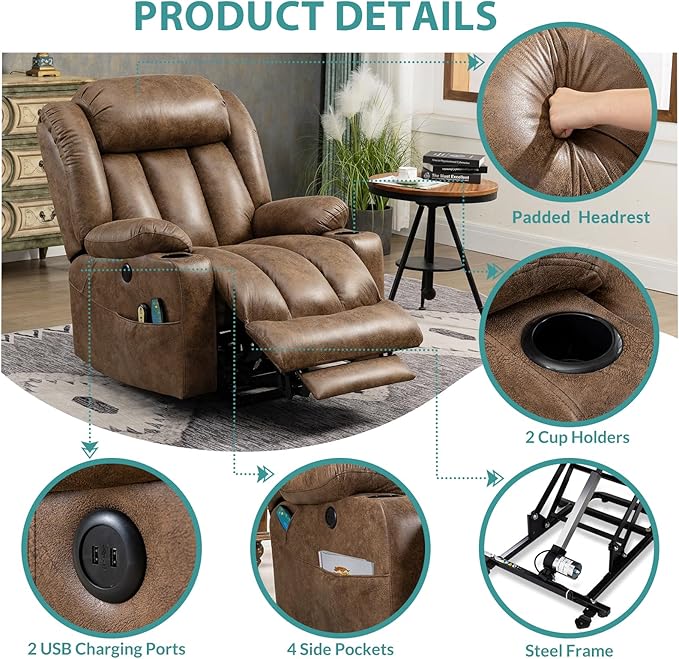 MEETWARM Large Power Lift Electric Recliner Chair with Extended Footrest for Big Tall Man, Overstuffed Wide Recliner with Massage and Heat, 2 Remote Controls/USB Ports/4 Side Pockets(Brown)