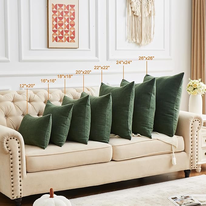 GAWAMAY Decorative Square Throw Pillow Covers 20"x20" Inch Set of 2, Super Soft Chenille Pillows Farmhouse Pillowcase for Living Room Bedroom Sofa Couch Cushion Cover Dark Green 50x50cm (No Insert)