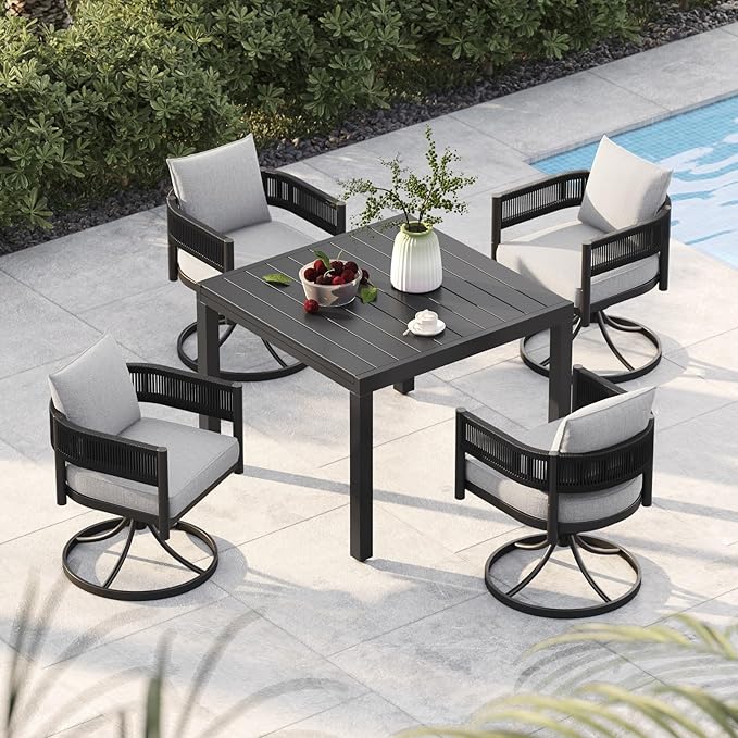 Grand patio 5-Piece Outdoor Dining Set for 4 with 1 Rectangle Expandable Table for 4-6 Person, Metal Woven Wicker Swivel Patio Chairs with Thickened Cushions for Yard, Poolside (Black)