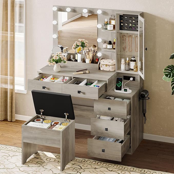 Vanity Desk with Mirror and Lights, Grey Makeup Vanity with 5 Drawers Hidden Jewelry Organizer& LED Glass Cabinet,3 Light Mode and Brightness Adjusted,Vanities Mirror with Lights Desk and Chair