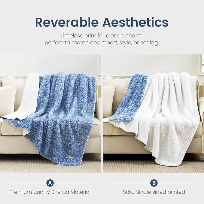 Cozy Bliss Ultra Soft Reversible Double Sherpa Sided Blanket, Fluffy Thick Warm Plush Fuzzy Blanket for Couch, Bed and Gifts (Mottled Navy Blue, 50" x 60")