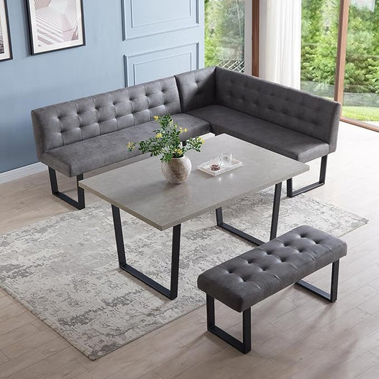 3 Piece Dining Table Set with Bench, 42.9 Inch Modern Kitchen Table with Left Seat Corner and 43.3 Inch Bench for Family Dining Room Furniture