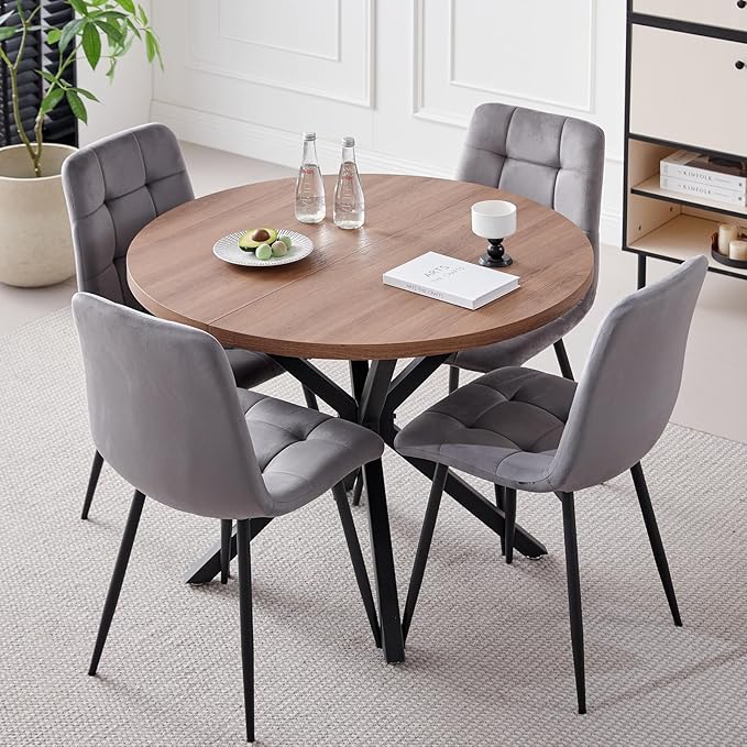 39" Round Dining Table Set for 4, Mid Century Kitchen Table with 4 Velvet Dining Chairs for Apartment Living Room Space Saving