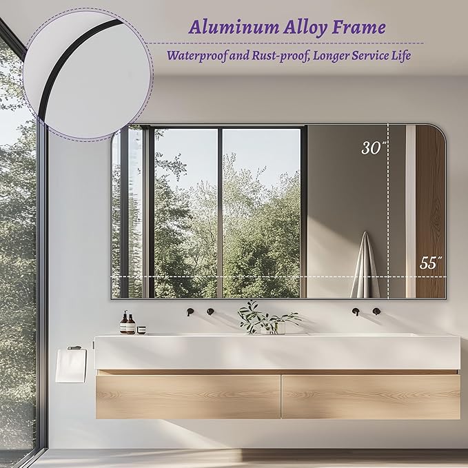 Bathroom Mirror, Wall Mirrors, Black Metal Framed Wall-Mounted Mirrors, Bathroom Vanity Mirror for Over Sink, Living Room, Bedroom, Entryway, 55x30 Inch, Black