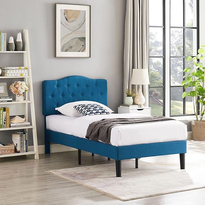 VECELO Twin Size Platform Bed Frame with Fabric Upholstered Headboard and Wooden Slats Support, No Box Spring Needed/Easy Assembly,Blue