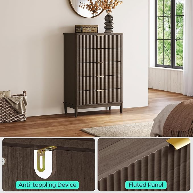 LINSY 5 Drawer Tall Dresser for Bedroom, Modern Fluted Wood Chest of Drawers with Gold Metal Handles, Wide Storage Dresser TV Stand for Bedroom, Living Room, Entryway, Walnut