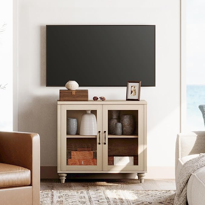 WAMPAT Farmhouse TV Stand for TVs Up to 43 inch, Glass Wood Universal TV Stand with 2 Storage Cabinets, Beige Entertainment Center TV Console Table for Living Room, Bedroom