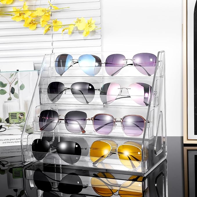 4 Tier Sunglass Organizer Eyeglass Display Stand Case, Nail Polish Organizer Holder Rack, Glasses Tabletop Makeup Stand Snap in Assembly for Home, Salon, Retail