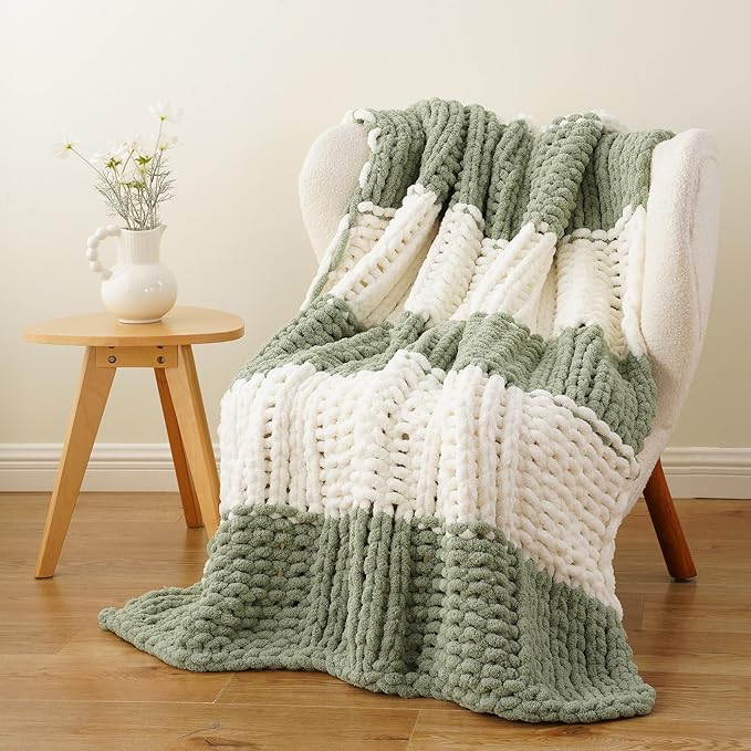 Battilo Chunky Knit Throw Blanket, Soft and Thick Chenille Throw Blanket, 50"x60" Handmade Cable Knit Crochet Blanket, Large Rope Knot Throw Blankets for Couch Sofa Bed Home Decor, Sage & White