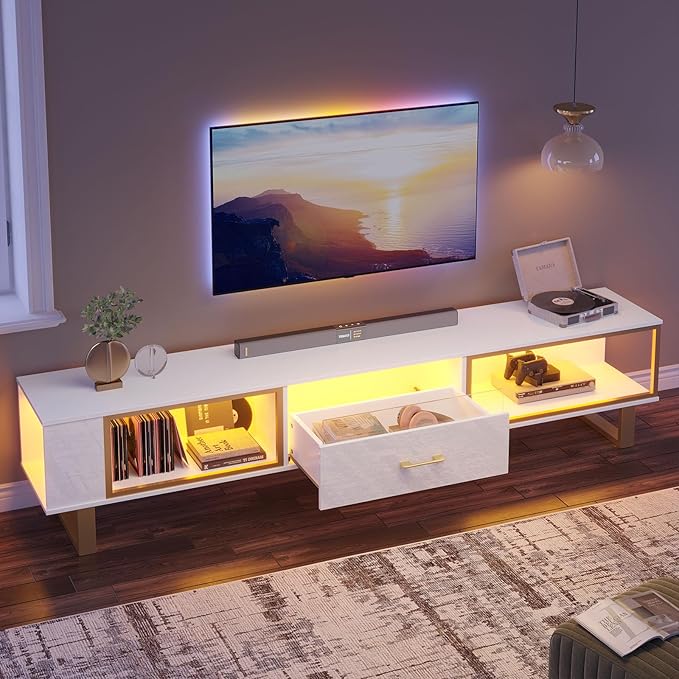 Bestier 80 Inch TV Stand for 65/75/85/90 Inch TVs, LED Gaming Entertainment Center with Open Storage and Half-Glass Design Drawer, Modern High Gloss Media Console for Living Room, White and Gold
