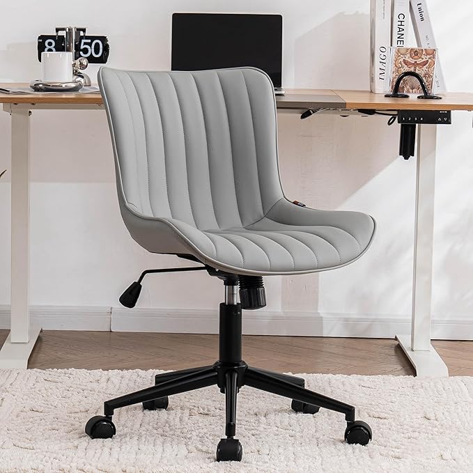 YOUNIKE Grey Home Office Desk Chair with Wheels Comfy Armless Vanity Chair with Back Modern Leather Upholstered Rolling Computer Task Chair Small Cute Drafting Sewing Chair Swivel Adjustable Ergonomic
